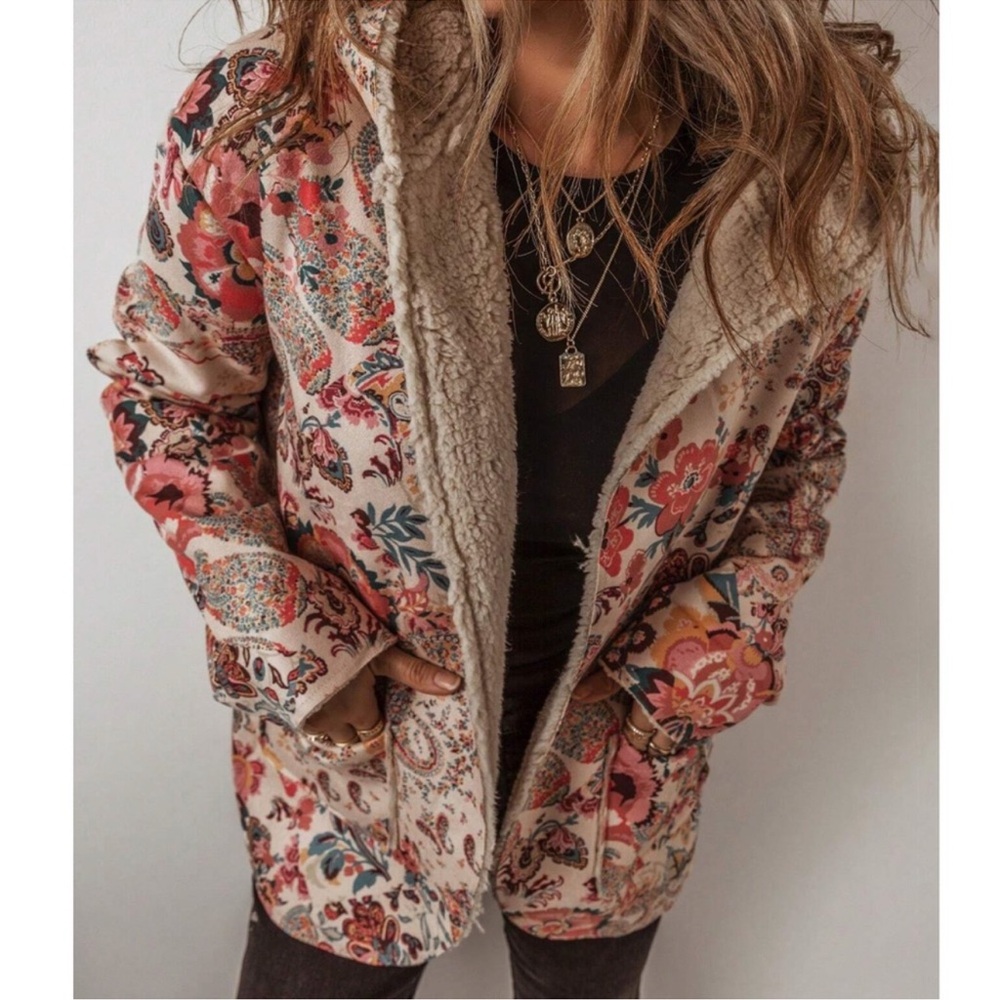 Cozy Floral Print Teddy Lined Pockets Jacket Coat S M L